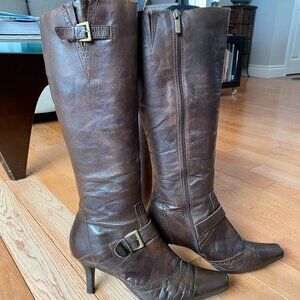 Brown Leather Knee-High Stiletto Heel Boots Size 8